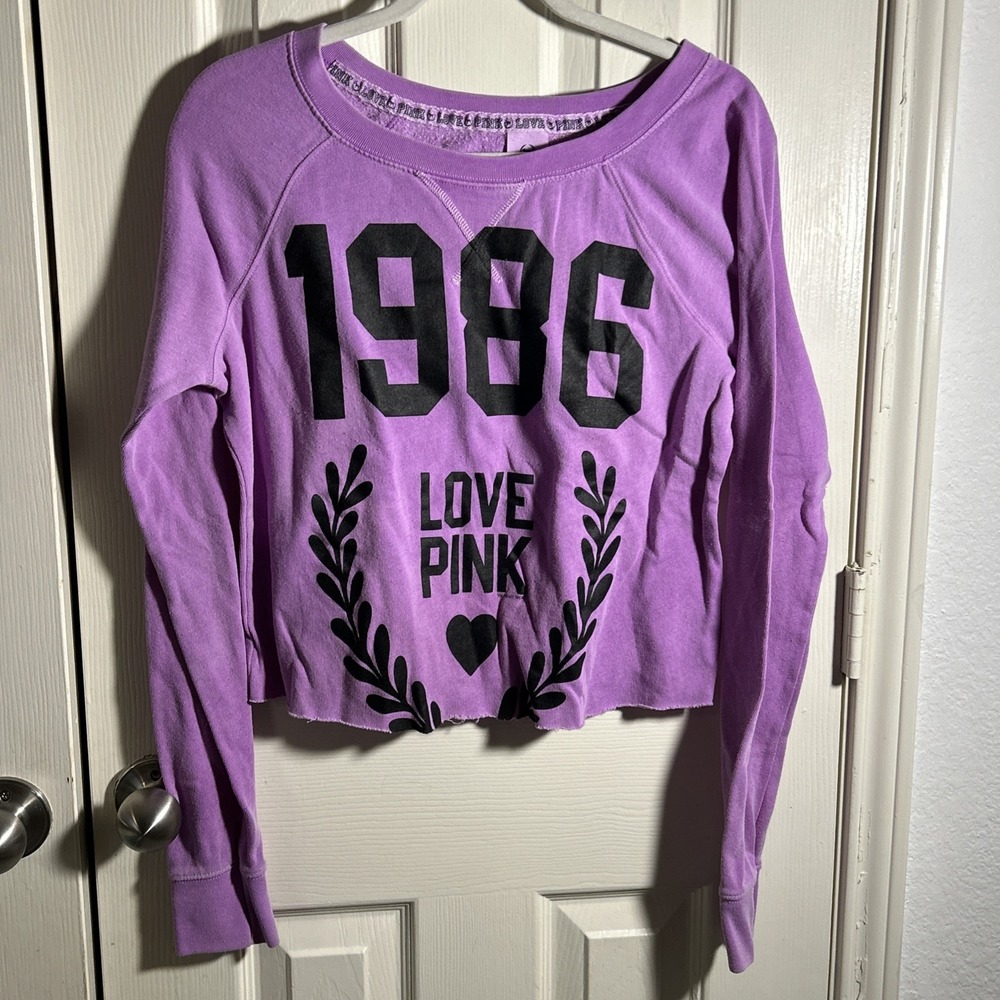 Pink Victorias Secret‎ Sweatshirt Womens S Purple Pullover Crop Raw Hem